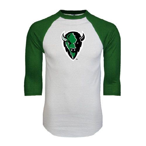  White/Dark Green Raglan Baseball T Shirt - Charging Bison