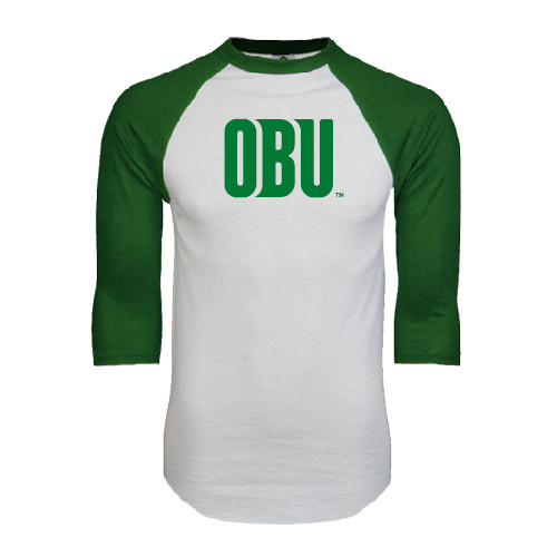  White/Dark Green Raglan Baseball T Shirt - OBU Wordmark