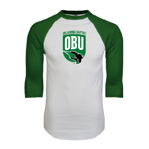 White/Dark Green Raglan Baseball T Shirt - Shield Logo