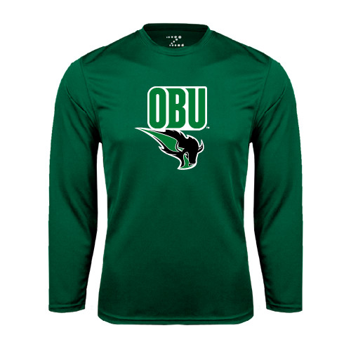  Dark Green Performance Long Sleeve Shirt - Stacked Logo