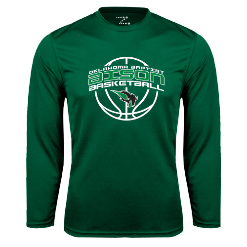  Dark Green Performance Long Sleeve Shirt - Bison Basketball w/ Ball