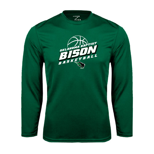  Dark Green Performance Long Sleeve Shirt - Bison Basketball Slanted Stacked