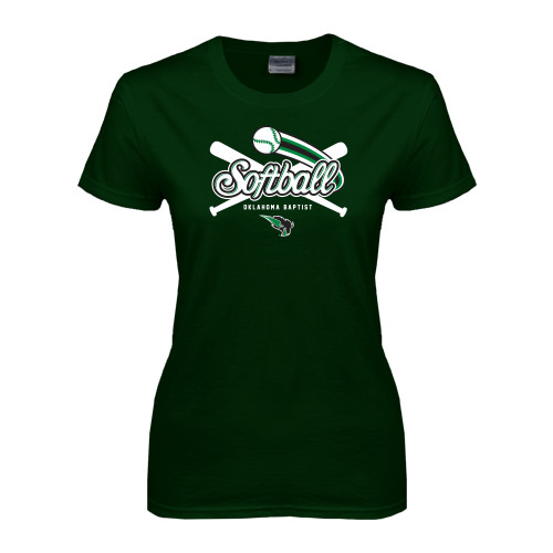  Womens Dark Green Short Sleeve Tee - Softball Crossed Bats