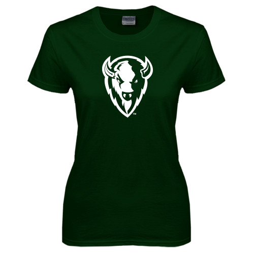  Womens Dark Green Short Sleeve Tee - Charging Bison White