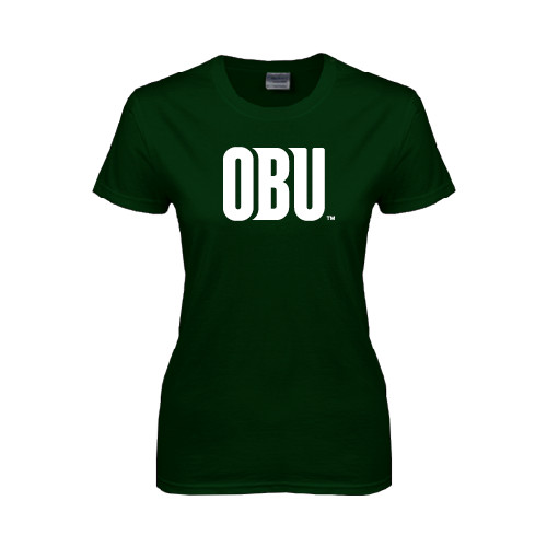  Womens Dark Green Short Sleeve Tee - OBU Wordmark