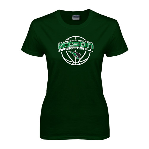  Womens Dark Green Short Sleeve Tee - Bison Basketball w/ Ball