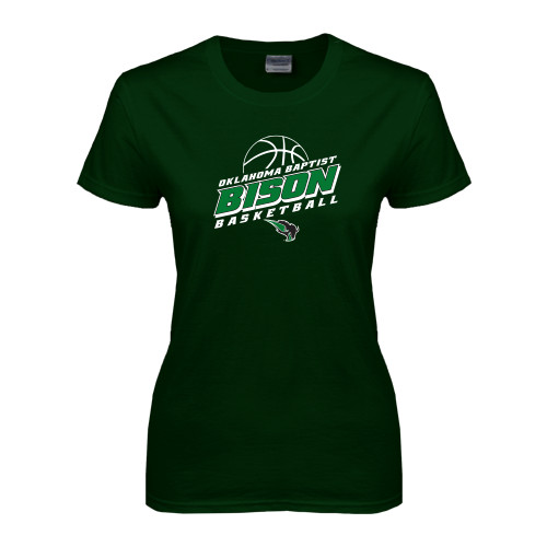  Womens Dark Green Short Sleeve Tee - Bison Basketball Slanted Stacked