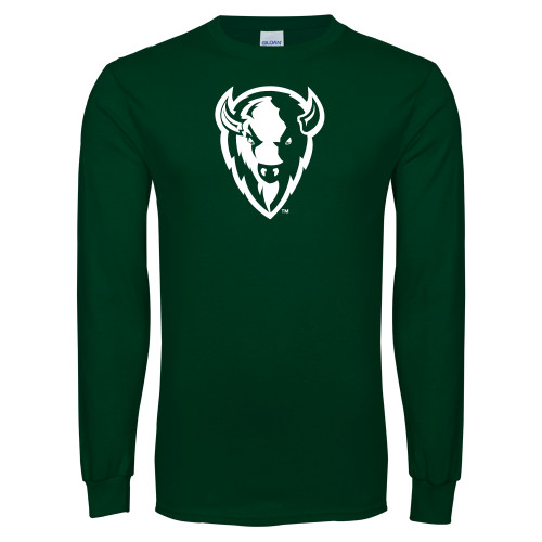  Dark Green Long Sleeve T Shirt - Charging Bison White