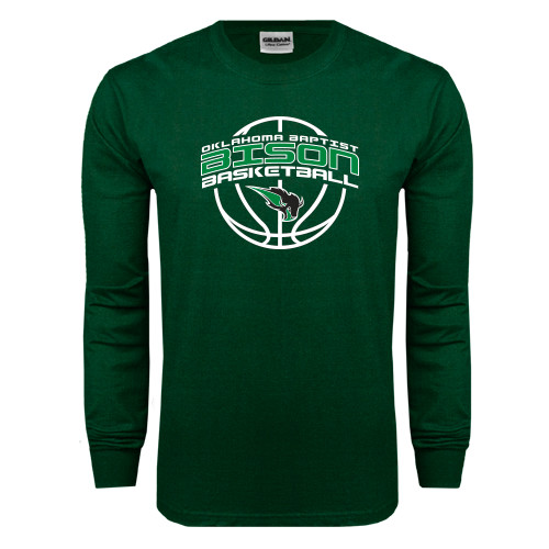  Dark Green Long Sleeve T Shirt - Bison Basketball w/ Ball