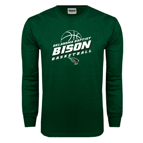  Dark Green Long Sleeve T Shirt - Bison Basketball Slanted Stacked