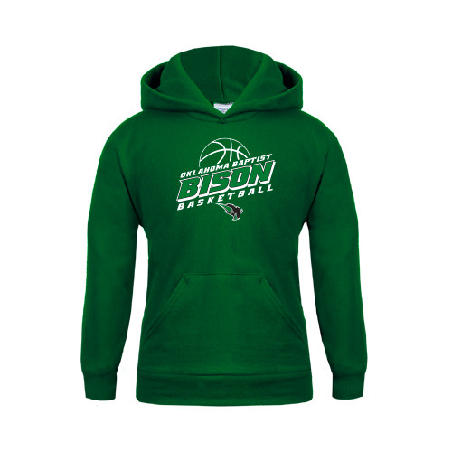  Youth Dark Green Fleece Hoodie - Bison Basketball Slanted Stacked