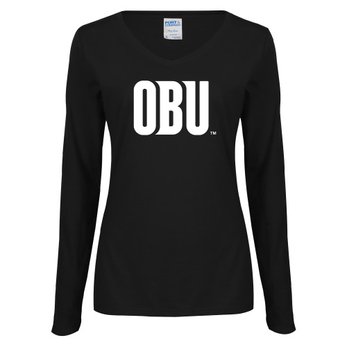  Womens Black Long Sleeve V Neck Tee  - OBU Wordmark