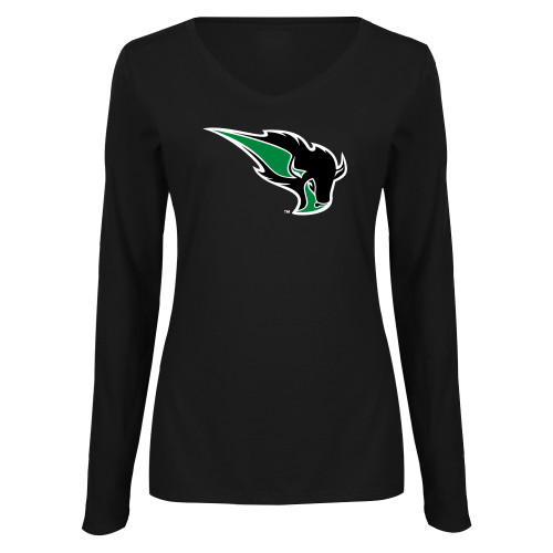  Womens Black Long Sleeve V Neck Tee  - Power Bison