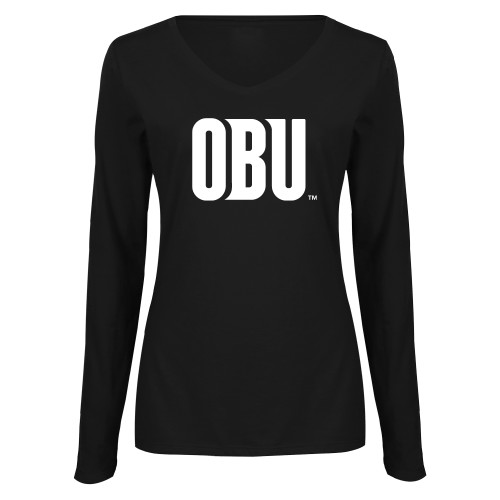  Womens Black Long Sleeve V Neck Tee  - OBU Wordmark