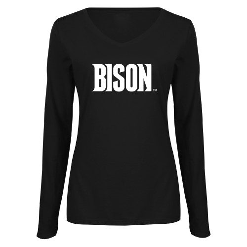  Womens Black Long Sleeve V Neck Tee  - Bison