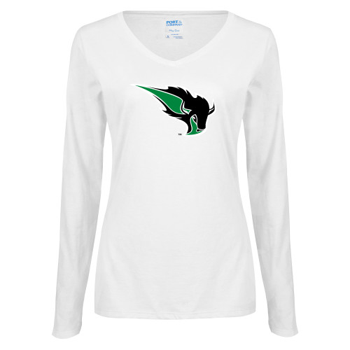  Womens White Long Sleeve V Neck Tee - Power Bison
