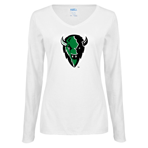  Womens White Long Sleeve V Neck Tee - Charging Bison