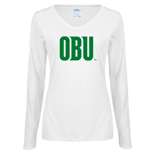  Womens White Long Sleeve V Neck Tee - OBU Wordmark