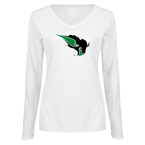  Womens White Long Sleeve V Neck Tee - Power Bison