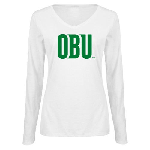  Womens White Long Sleeve V Neck Tee - OBU Wordmark