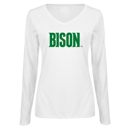  Womens White Long Sleeve V Neck Tee - Bison