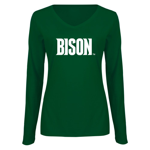  Womens Dark Green Long Sleeve V Neck Tee  - Bison