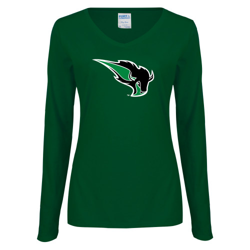  Womens Dark Green Long Sleeve V Neck Tee  - Power Bison