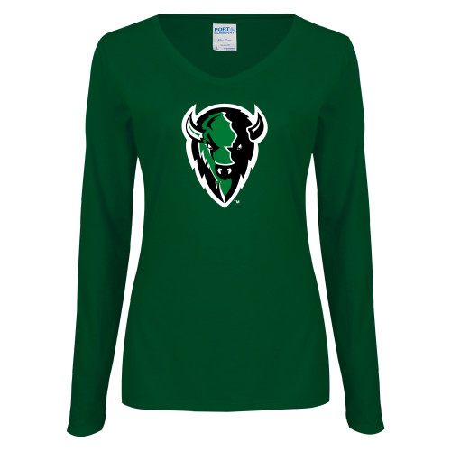  Womens Dark Green Long Sleeve V Neck Tee  - Charging Bison