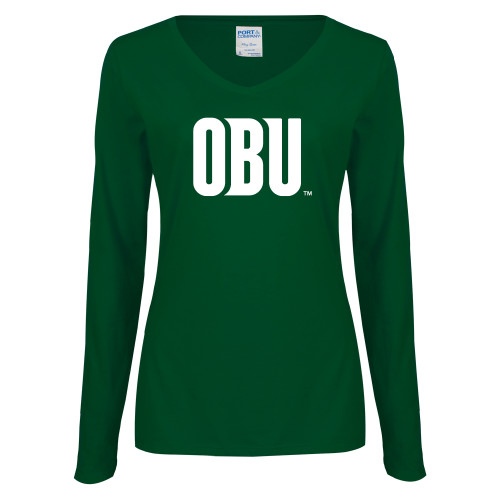  Womens Dark Green Long Sleeve V Neck Tee  - OBU Wordmark