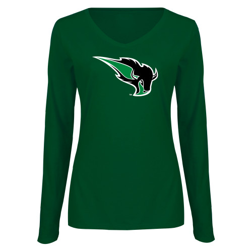  Womens Dark Green Long Sleeve V Neck Tee  - Power Bison