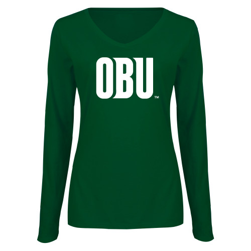  Womens Dark Green Long Sleeve V Neck Tee  - OBU Wordmark