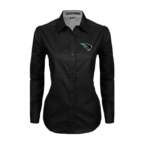  Womens Black Twill Button Down Long Sleeve  - Power Bison