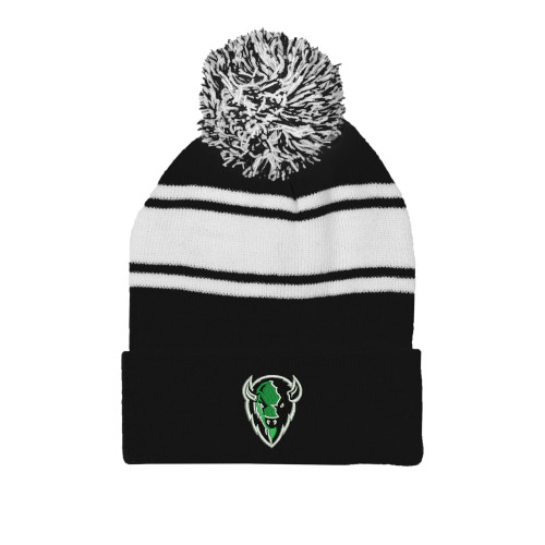  Black/White Two Tone Knit Pom Beanie w/Cuff - Charging Bison