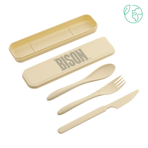  Bamboo Fiber Beige Cutlery Set - Bison Engraved