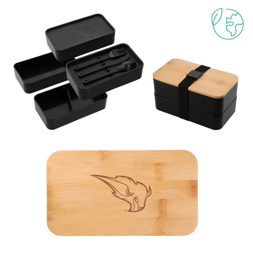  Stackable Bamboo Fiber Black Bento Box - Power Bison Engraved