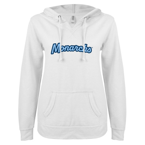  ENZA Womens White V Notch Raw Edge Fleece Hoodie - Monarchs Script Design