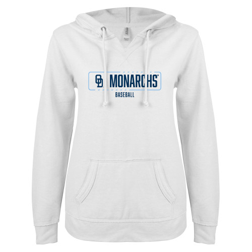  ENZA Womens White V Notch Raw Edge Fleece Hoodie - ODU Monarchs Baseball