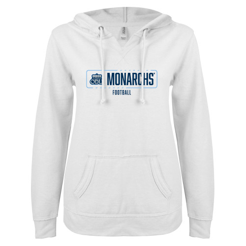  ENZA Womens White V Notch Raw Edge Fleece Hoodie - ODU Monarchs Football