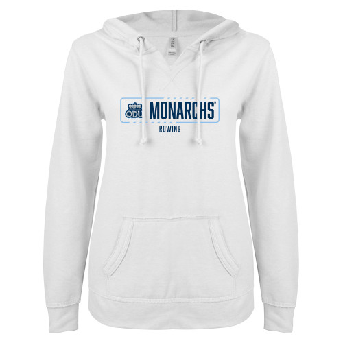  ENZA Womens White V Notch Raw Edge Fleece Hoodie - ODU Monarchs Rowing