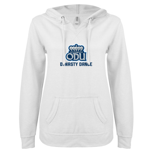  ENZA Womens White V Notch Raw Edge Fleece Hoodie - ODU Dynasty Dance