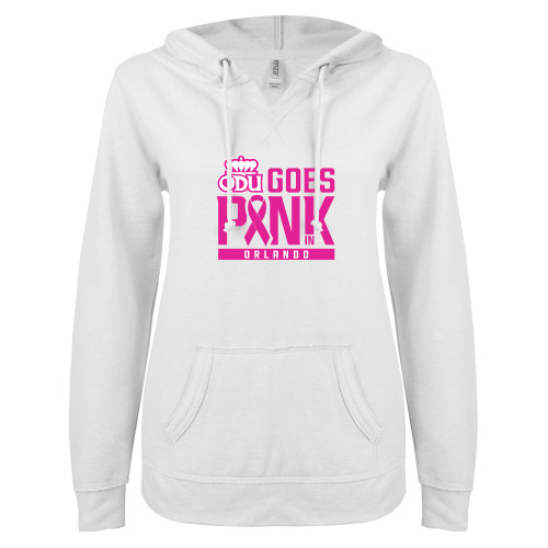  ENZA Womens White V Notch Raw Edge Fleece Hoodie - ODU Goes Pink in Orlando