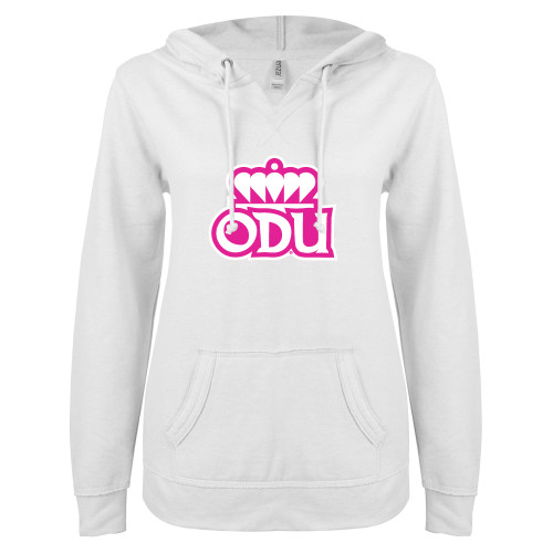  ENZA Womens White V Notch Raw Edge Fleece Hoodie - ODU Crown Pink