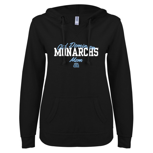  ENZA Womens Black V Notch Raw Edge Fleece Hoodie - Old Dominon Script Arched Monarchs Mom