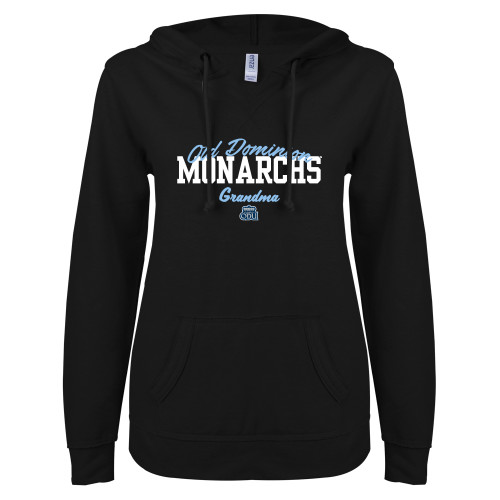  ENZA Womens Black V Notch Raw Edge Fleece Hoodie - Old Dominon Script Arched Monarchs Grandma