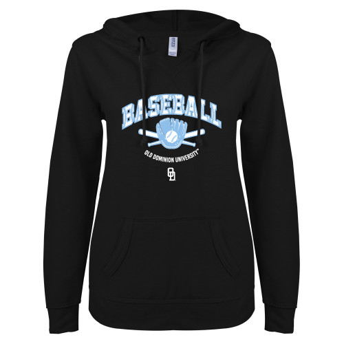  ENZA Womens Black V Notch Raw Edge Fleece Hoodie - ODU Baseball with Glove Design