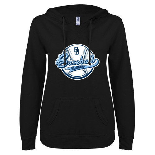  ENZA Womens Black V Notch Raw Edge Fleece Hoodie - ODU Baseball Design