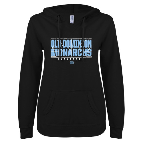  ENZA Womens Black V Notch Raw Edge Fleece Hoodie - ODU Basketball Court Design