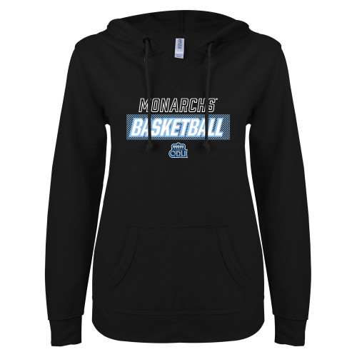  ENZA Womens Black V Notch Raw Edge Fleece Hoodie - ODU Basketball Netting Pattern Design