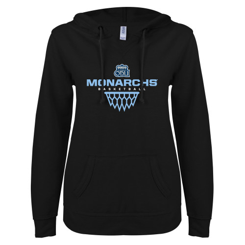  ENZA Womens Black V Notch Raw Edge Fleece Hoodie - ODU Monarchs Basketball Design