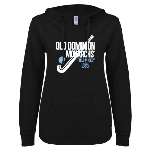  ENZA Womens Black V Notch Raw Edge Fleece Hoodie - ODU Monarchs Field Hockey Design
